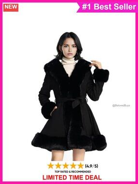 Women's Faux Fur Leather Belted Peplum Parka Coat Long Sleeve Winter